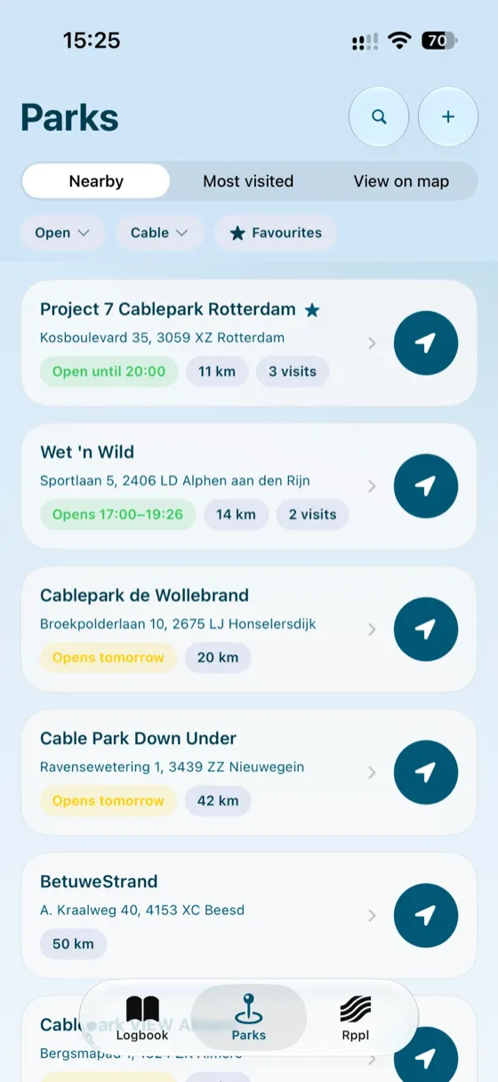 Parks tab: nearby cable parks with opening hours and distance